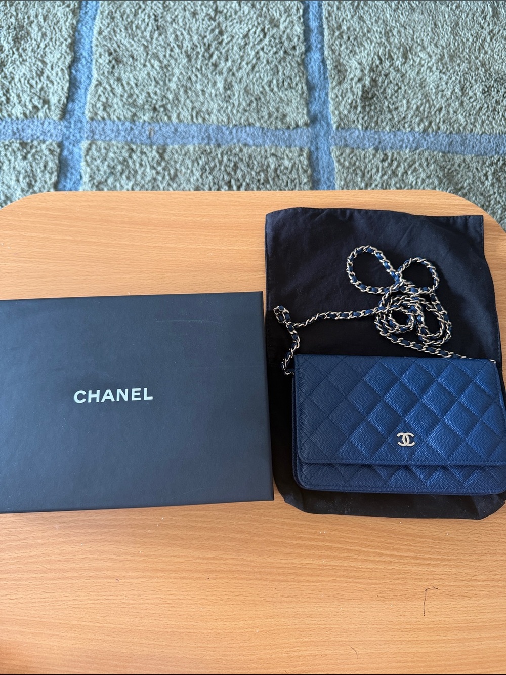Incredible CHANEL Blue Quilted Caviar Leather Wallet-on-Chain with Gold Hardware